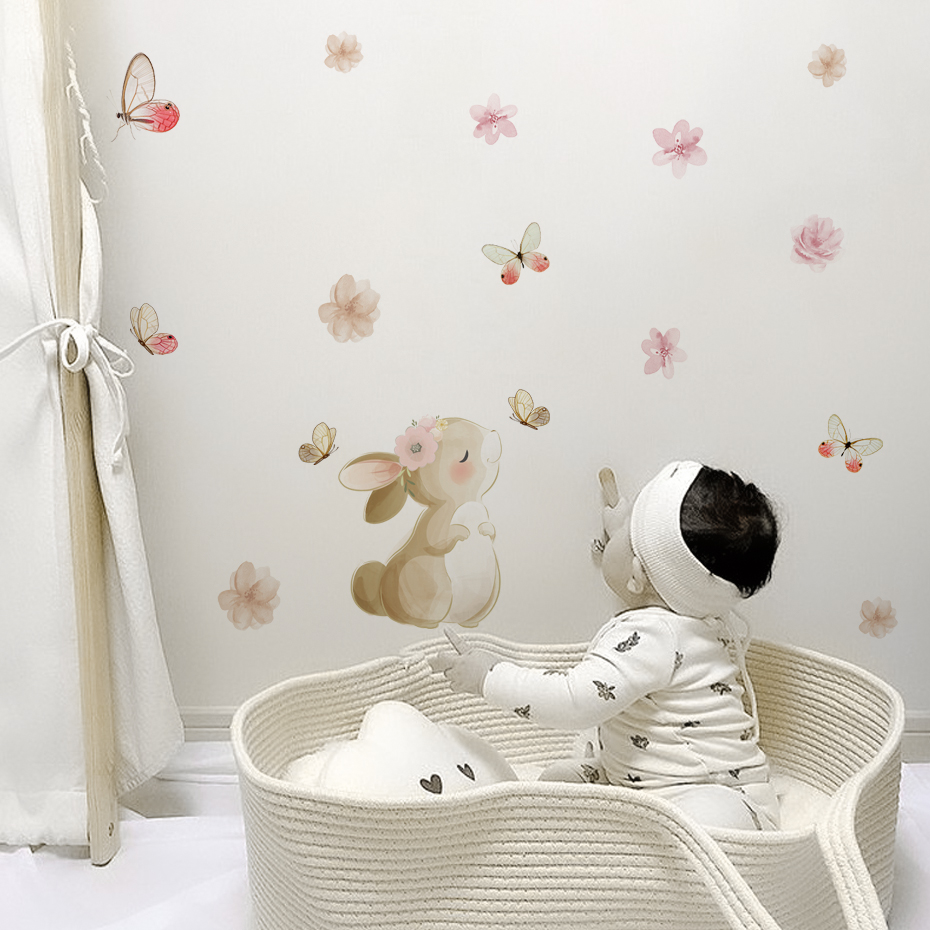 Cartoon Rabbit Flowers Butterf – Baby Nursery Decor Girl recenzja i cena