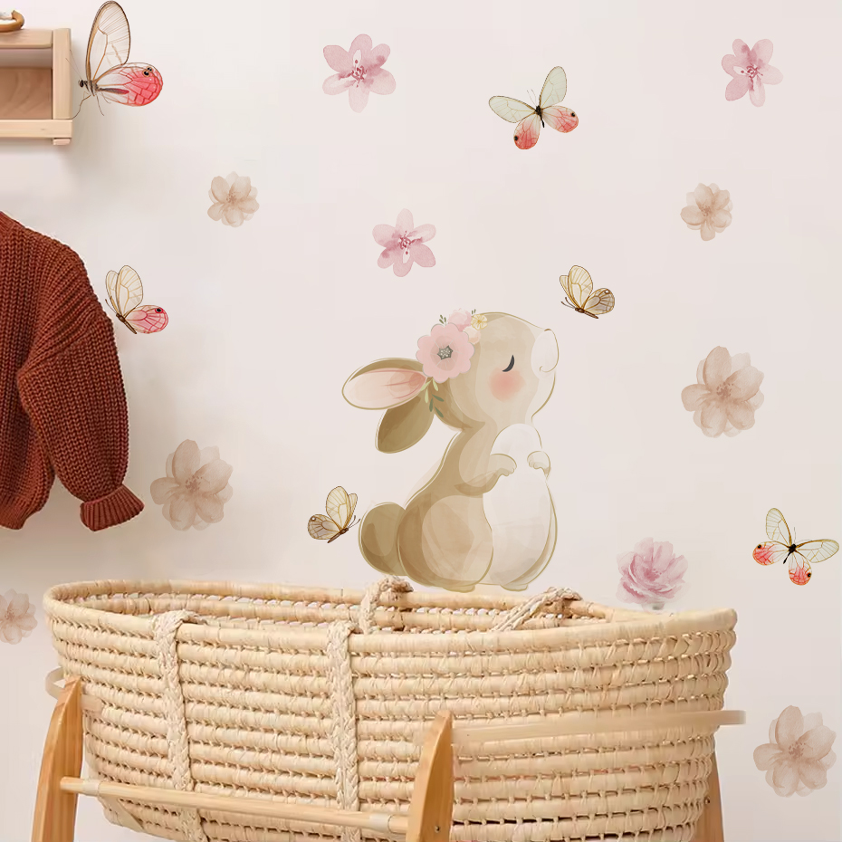 Cartoon Rabbit Flowers Butterf – Baby Nursery Decor Girl recenzja i cena